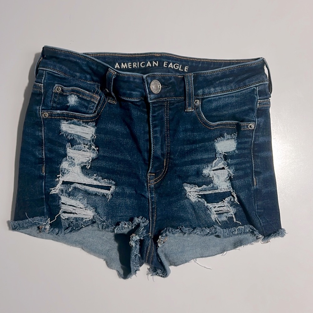 American Eagle Hi Rise Shortie Denim dark wash distressed shorts size 4